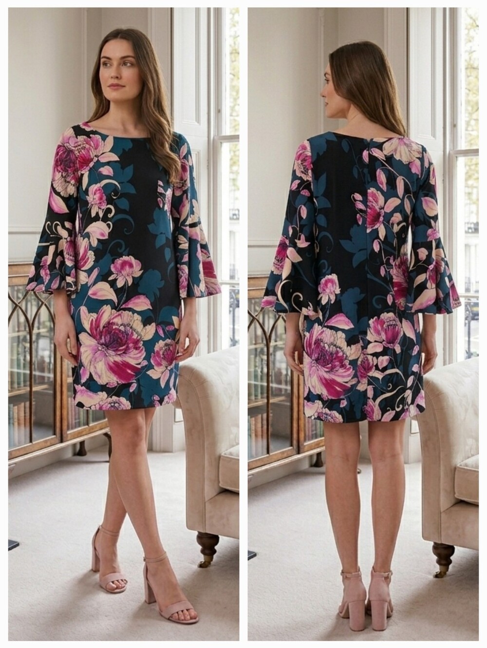 Eliza J 8 Dark Romantic Whimsigoth Feminine Floral Bell Sleeve Sheath Dress